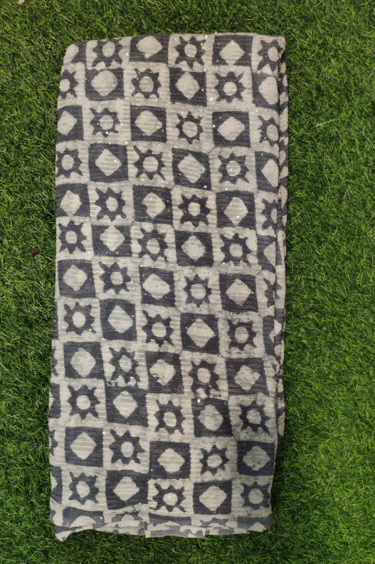 Marvelous Grey Georgette Fabric With Geo Crochet Baatik Print