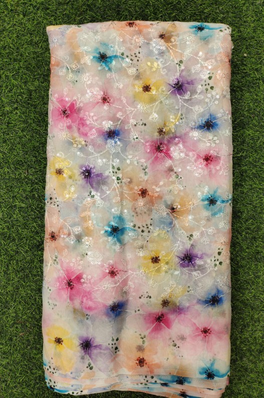 White Georgette Fabric With Geo Print