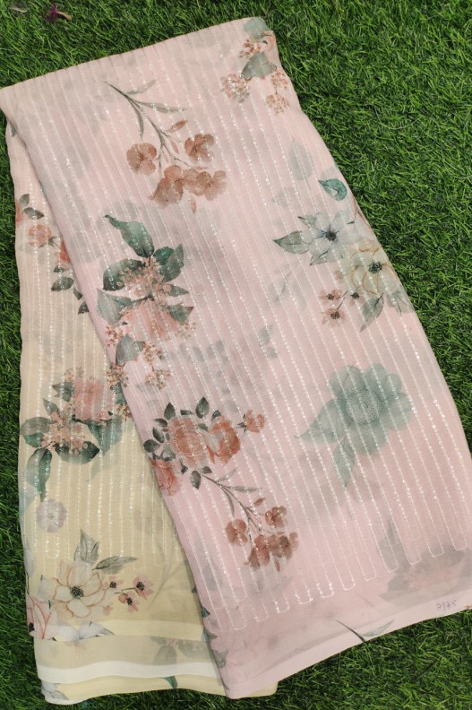 Lustry Peach Georgette Fabric With Polyster Work Print