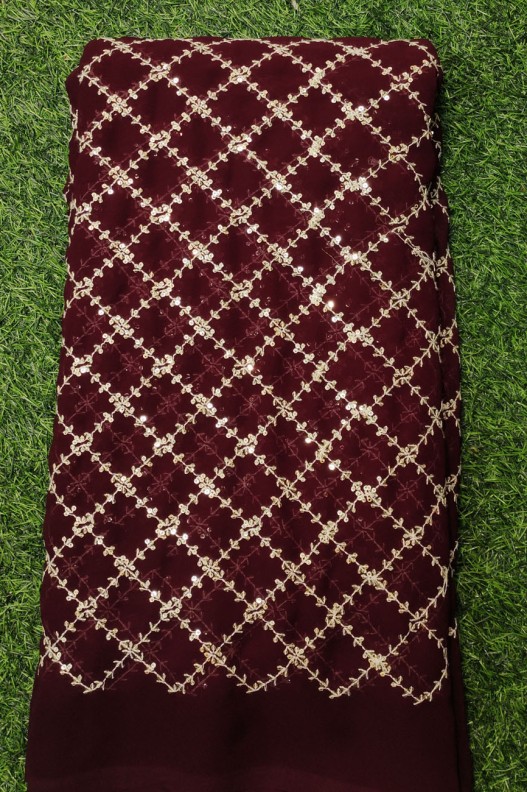 Fabulous Burgundy Georgette Fabric With Semi Geo Work