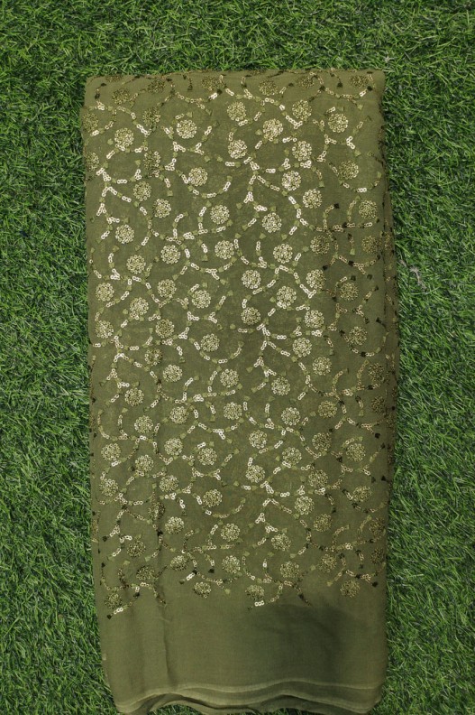 Mehendi Green Lakhnavi Fabric With Geo Color Lakhnavi Work