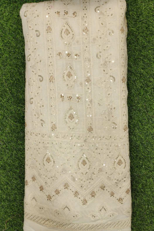 White Lakhnavi Fabric With Geo Lakhnavi Panel Work