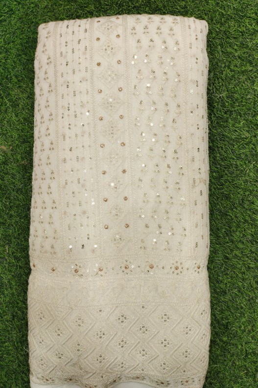 White Lakhnavi Fabric With Geo Lakhnavi Panel Work