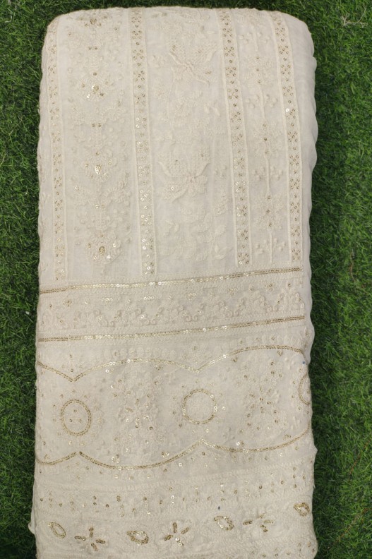 White Lakhnavi Fabric With Geo Lakhnavi Panel Work