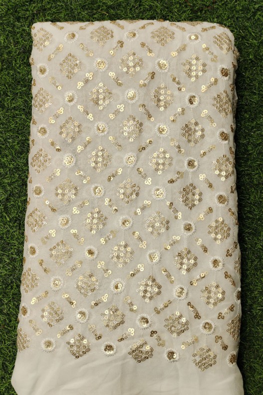 White Lakhnavi Fabric With Geo Lakhnavi Work