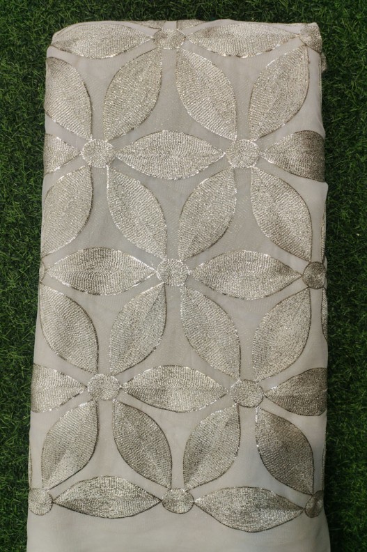 White Lakhnavi Fabric With Geo Lakhnavi Work
