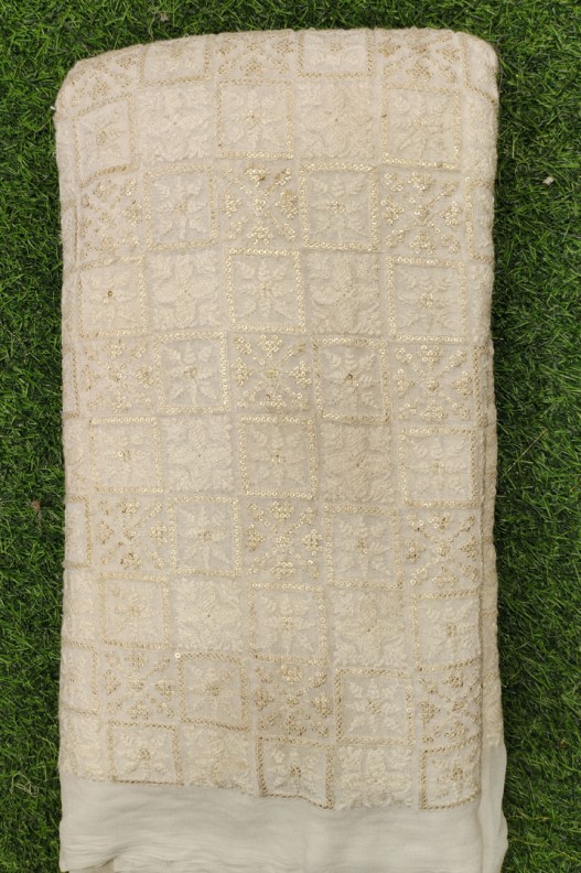 White Lakhnavi Fabric With Geo Lakhnavi Work