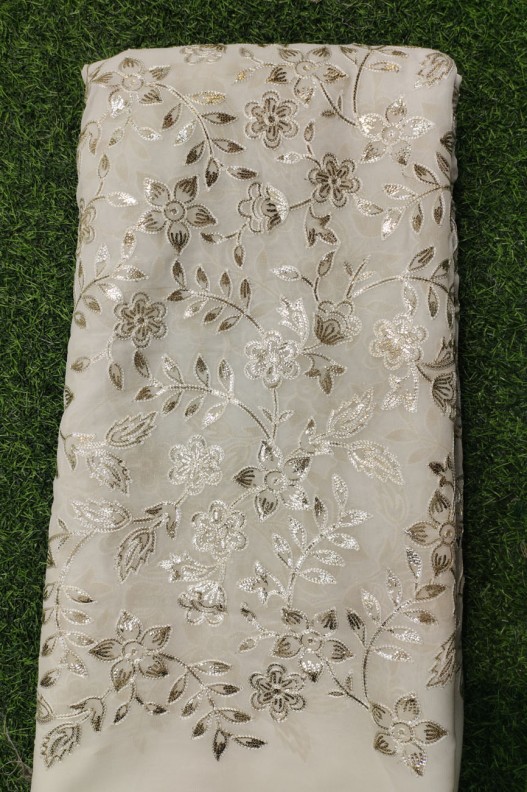 White Lakhnavi Fabric With Geo Lakhnavi Work