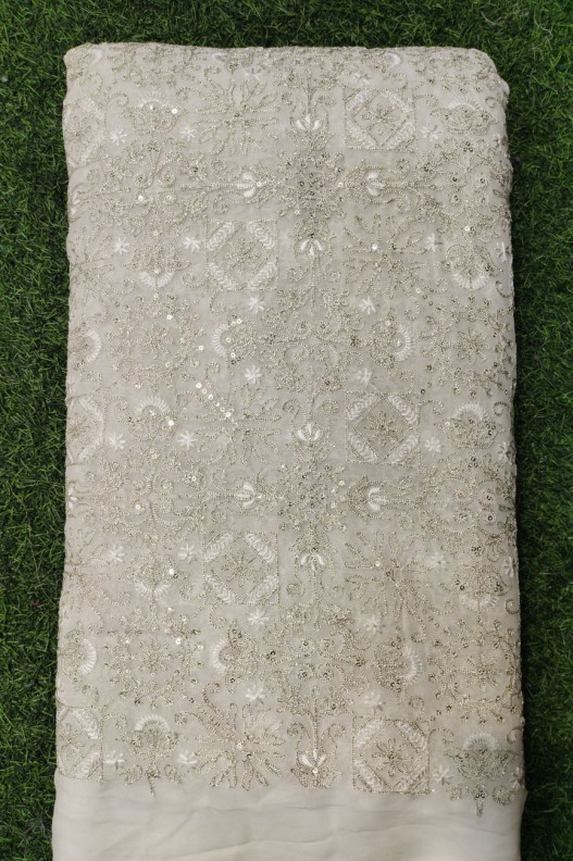 White Lakhnavi Fabric With Geo Lakhnavi Work