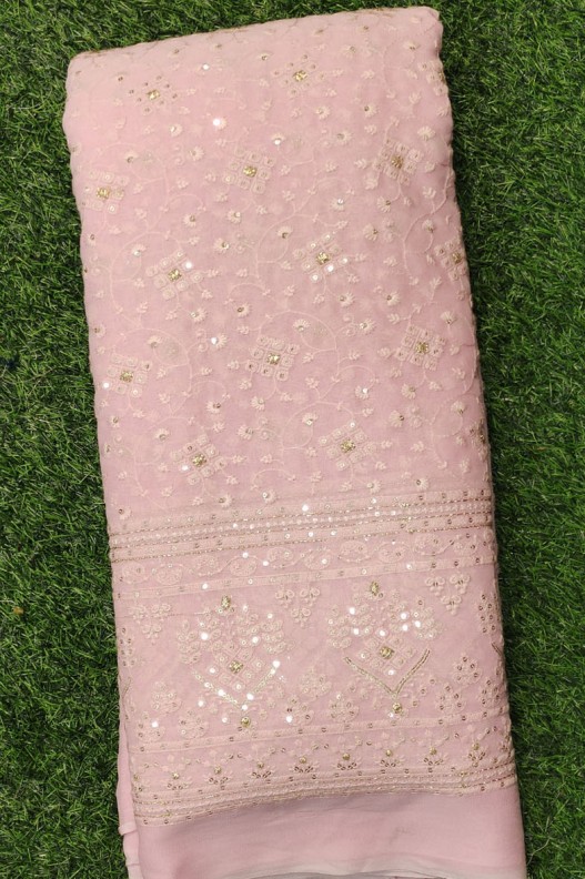 Blush Pink Lakhnavi Fabric With Color Panel Lakhnavi Work