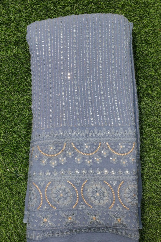 Slate Blue Lakhnavi Fabric With Color Panel Lakhnavi Work
