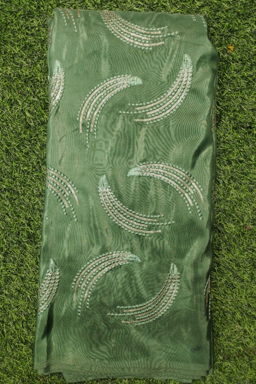 Shiny Dark Green Silk Fabric With Silk Work