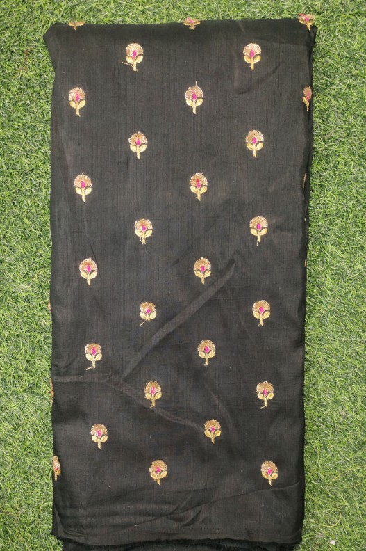 Pure Black Silk Fabric With Silk Work