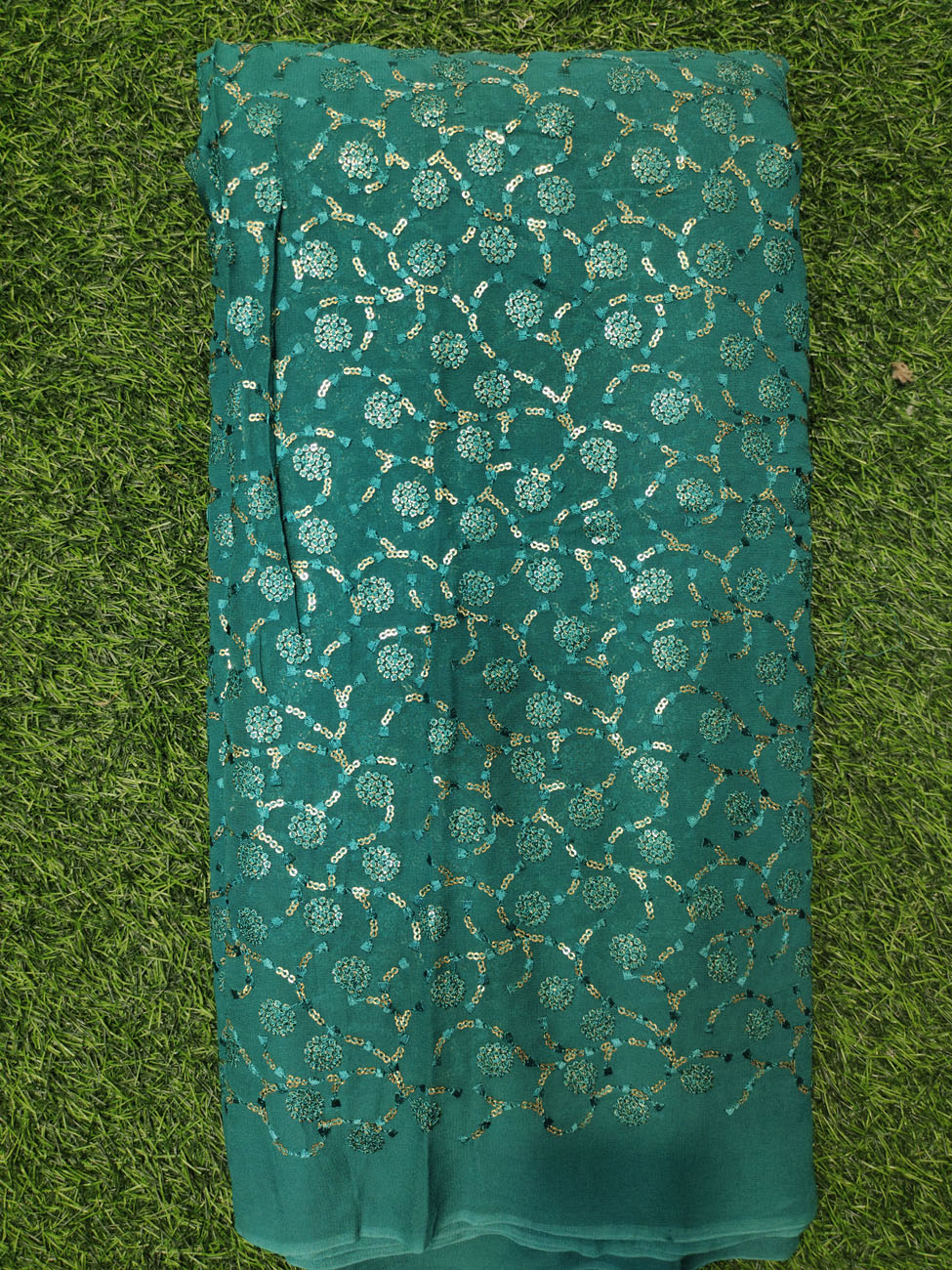 Teal Lakhnavi Fabric With Geo Color Lakhnavi Work