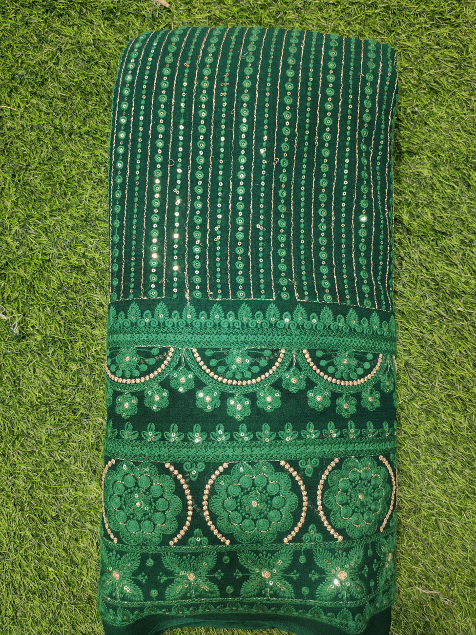 Dark Green Lakhnavi Fabric With Color Panel Lakhnavi Work