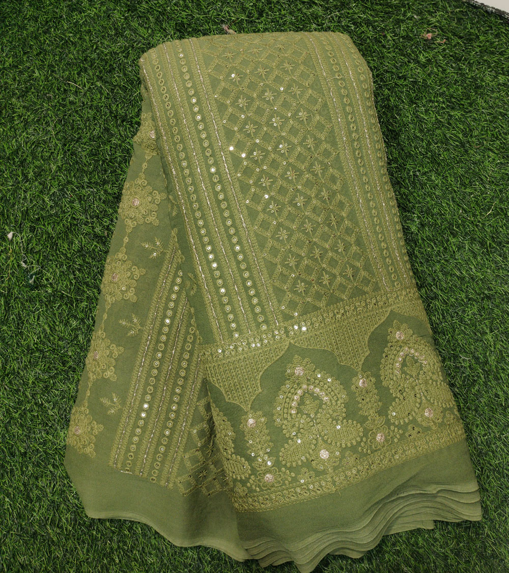 Green Lakhnavi Fabric With Color Panel Lakhnavi Work