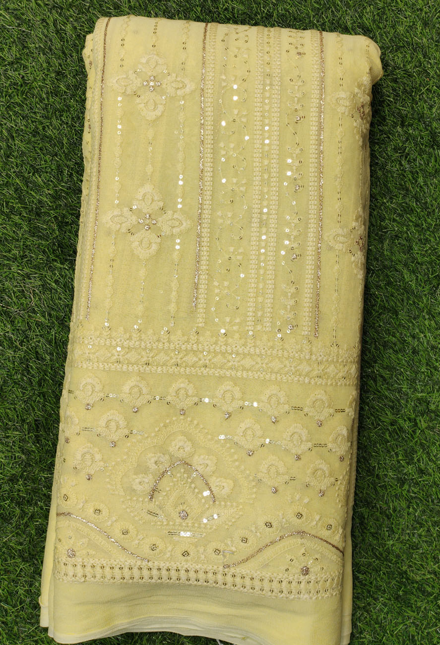 Yellow Lakhnavi Fabric With Color Panel Lakhnavi Work