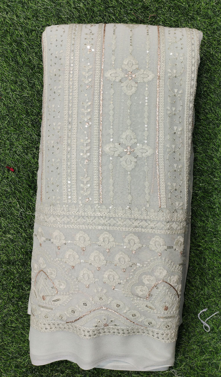 Light Gray Lakhnavi Fabric With Color Panel Lakhnavi Work