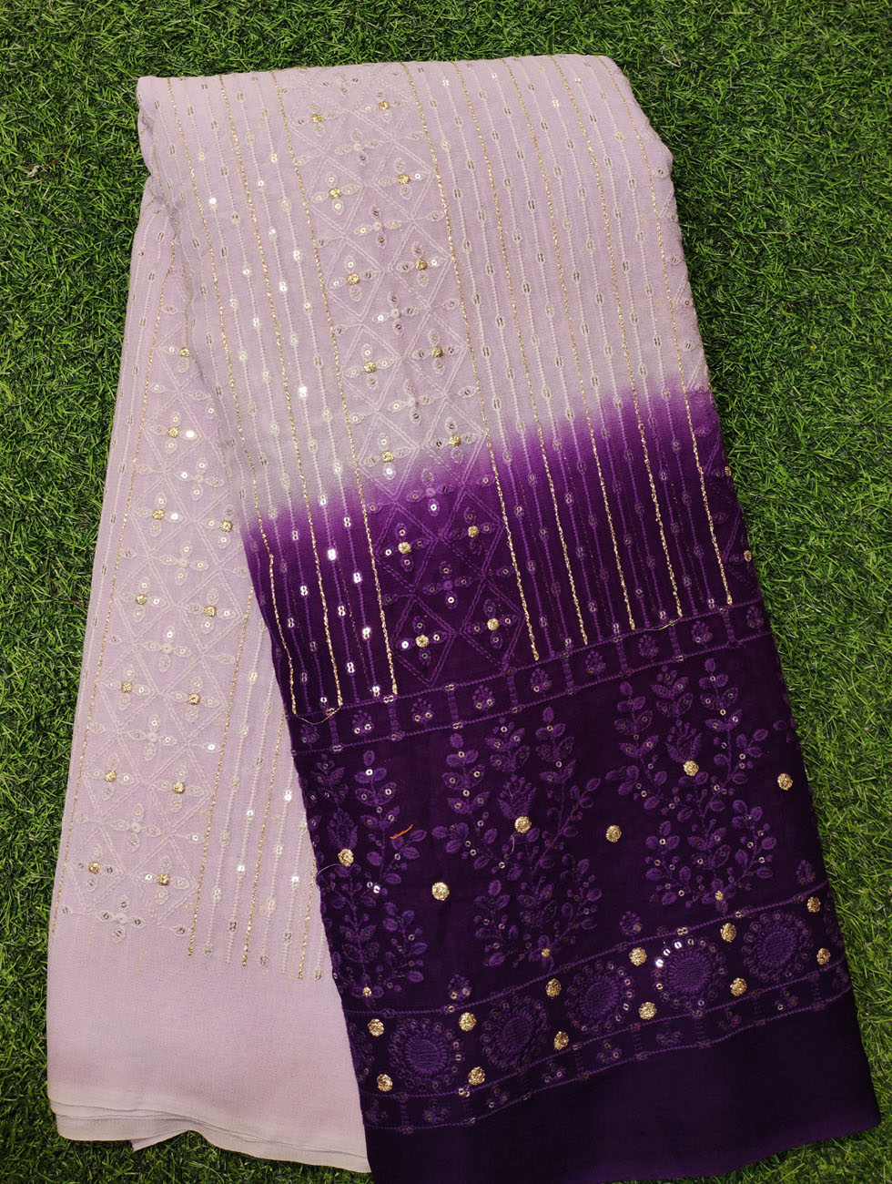 Multi Color Lakhnavi Fabric With Color Panel Lakhnavi Work