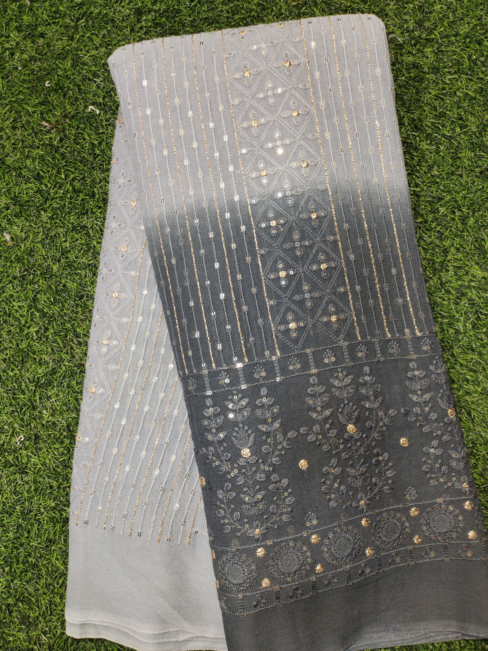 Gray Lakhnavi Fabric With Color Panel Lakhnavi Work