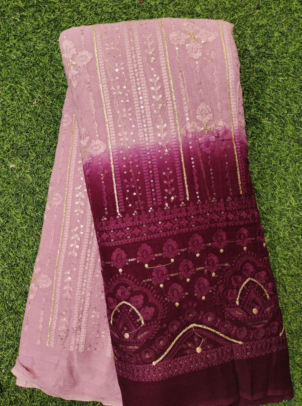 Multi Color Lakhnavi Fabric With Color Panel Lakhnavi Work