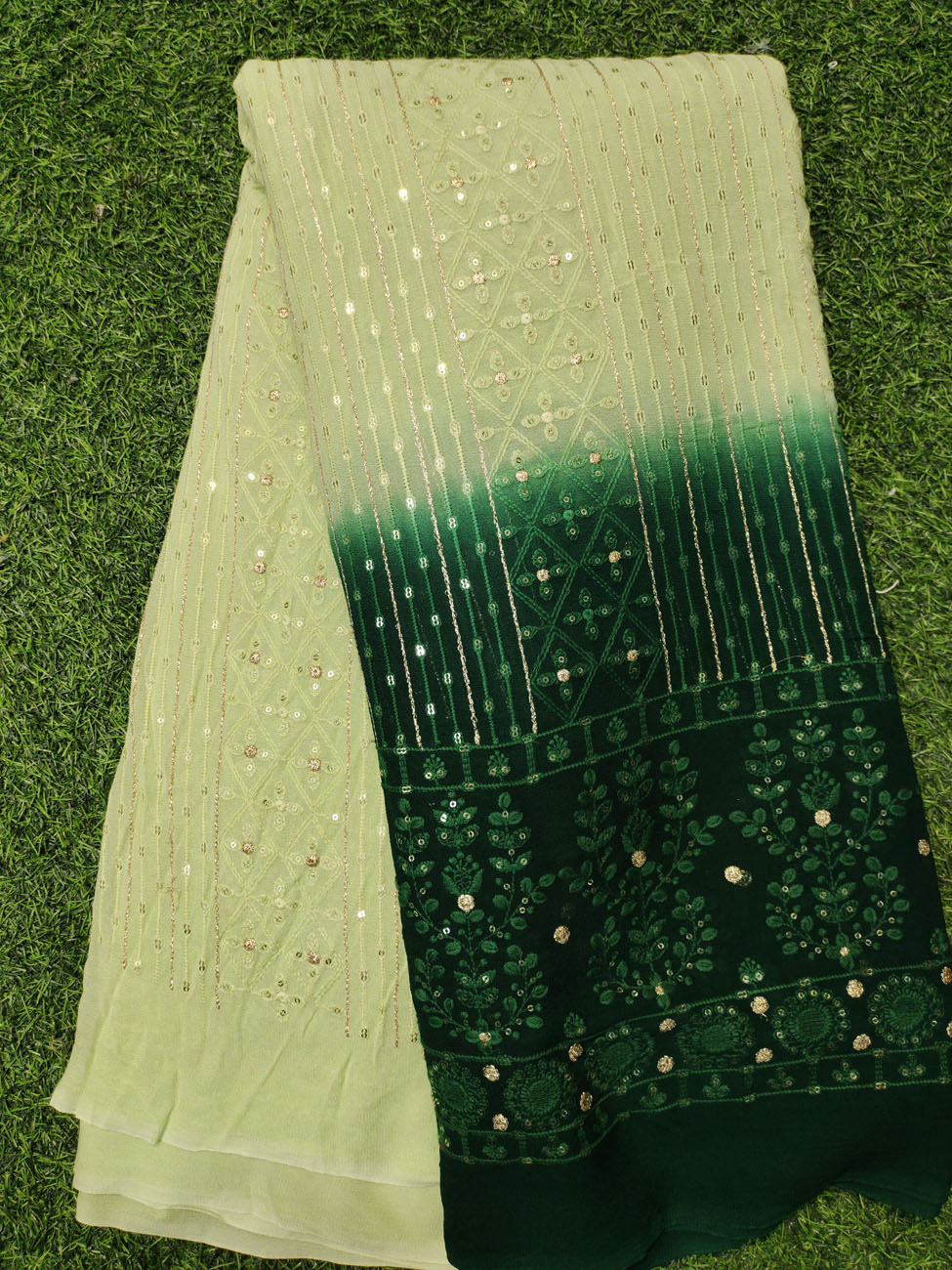 Multi Color Lakhnavi Fabric With Color Panel Lakhnavi Work