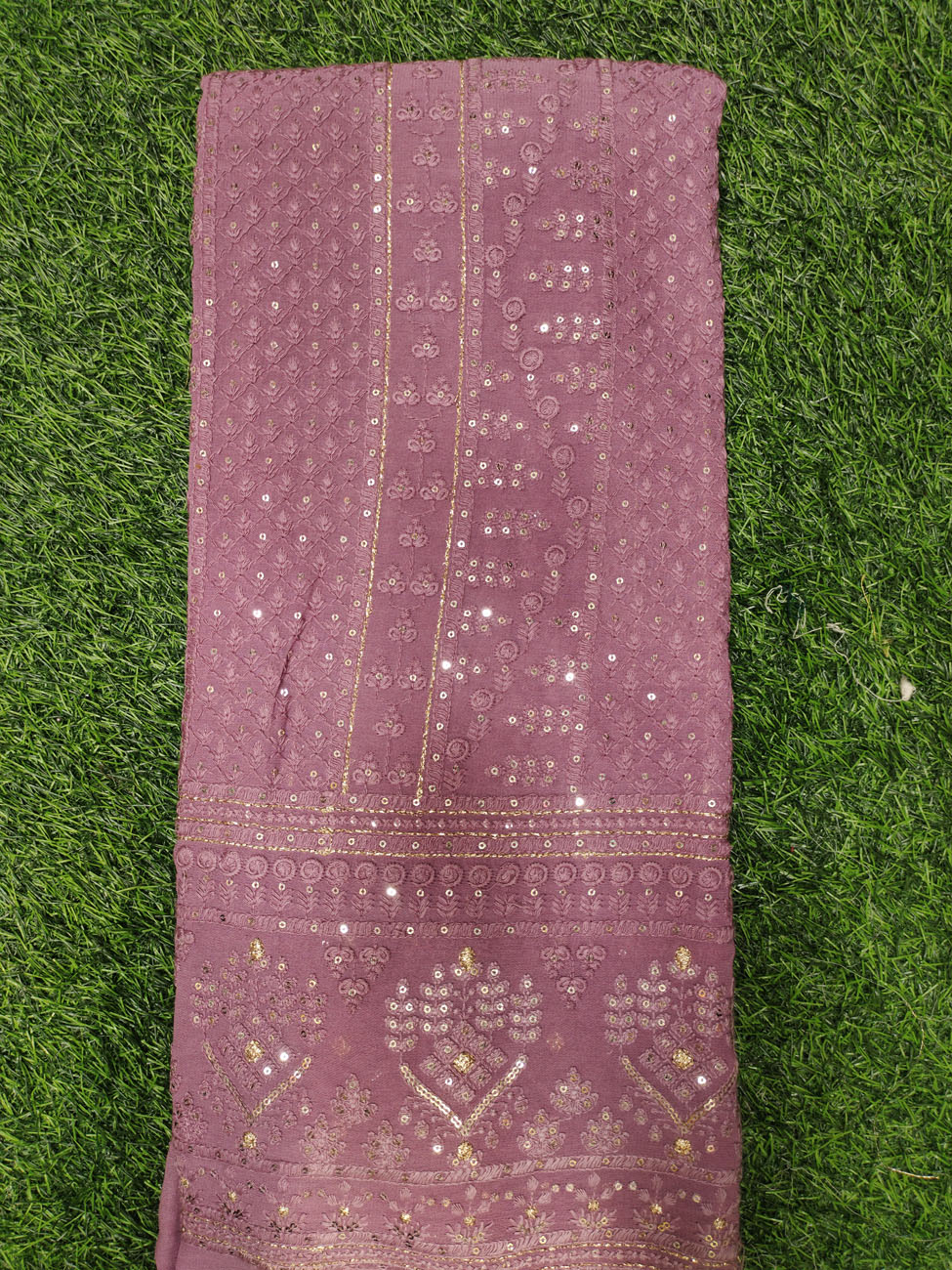 Dusty Rose Lakhnavi Fabric With Color Panel Lakhnavi Work