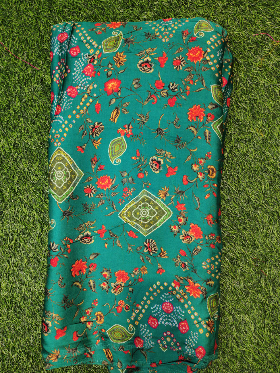 Teal Green Satin Fabric With Wonderful Modal Print