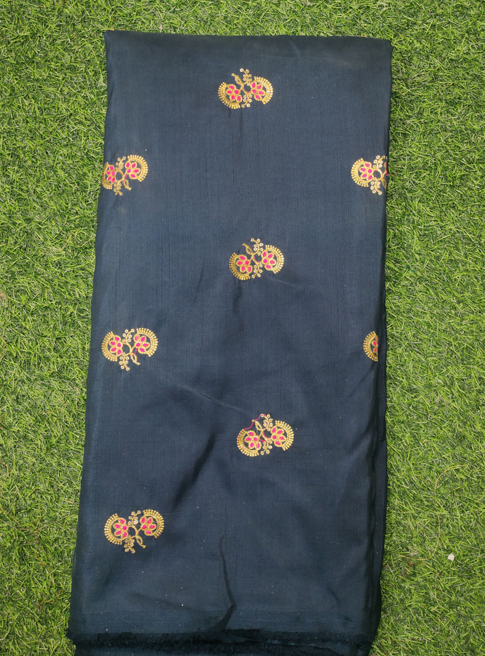 Dazzling Dark Blue Silk Fabric With Silk Work